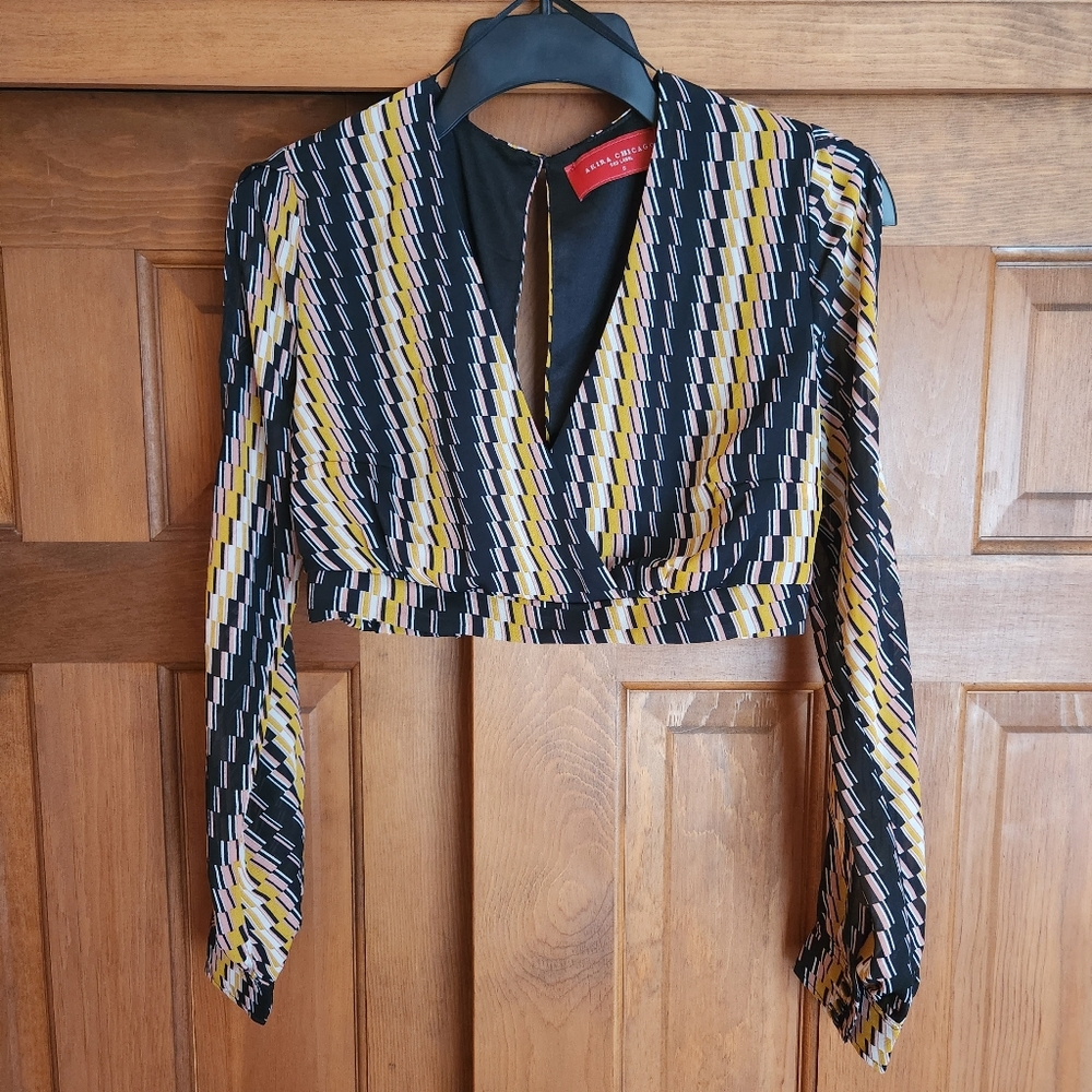 AKIRA V-Neck Striped Cropped Blouse, Long Sleeve, Black Orange Yellow, Size Sm